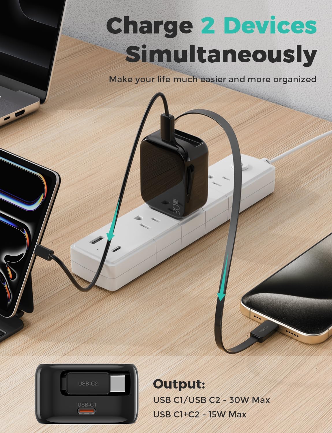 2-in-1 Retractable Wall Charger Plug with USB C Port and 27in/70cm Type C Cable,Travel Essentials 30W Fast Charging Foldable Block for iPhone 16/15/,iPad,Galaxy,Pixel-Black